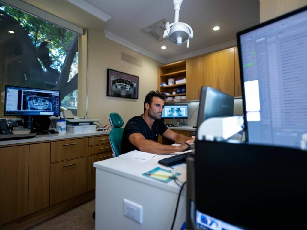 Essential Guide To Google Ads For Dentists: Boost Your Practice Today 1 Dentist Examining Google Ads Data in Office