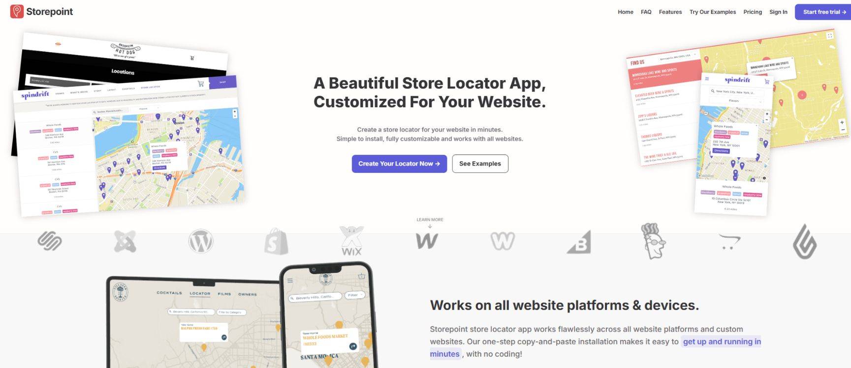 multi location website interface of store locator software with maps and store details displayed for multi-location businesses.