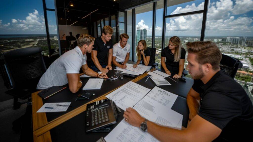 Tampa Fl 2 Professional Content Creation in Tampa team discussing content strategies in a modern Tampa office with a panoramic view, showcasing professional content creation in Tampa.