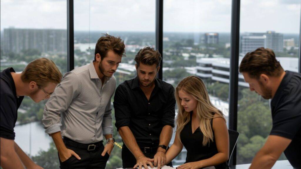 Branding Agency 4 Tampa Branding agency team collaborating in a modern office with large windows overlooking the city.