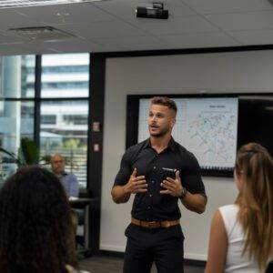 Google Ads and SEO Integration professional male presenter in a modern office discussing Google Ads and SEO integration with a small audience, with a digital whiteboard displaying statistics in the background.