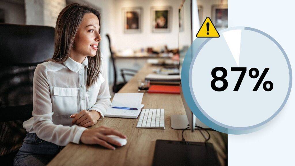 Digital marketer analyzing crawl budget report on desktop with 87% warning indicator.