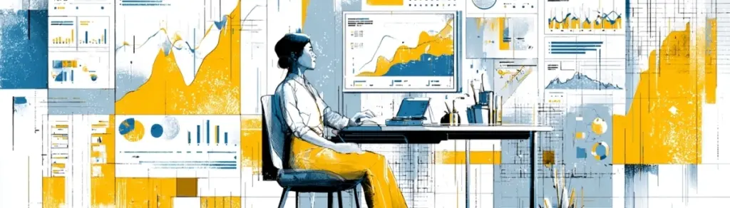 Illustration of a professional SEO analyst viewing graphs showing keyword visibility loss after Google removed num=100 parameter.