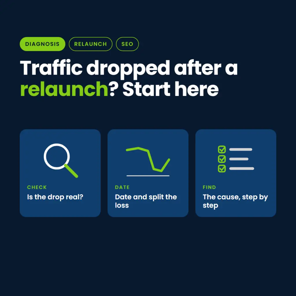 Icons for checking whether a traffic drop is real, dating and splitting the loss, and finding the cause step by step after a website relaunch
